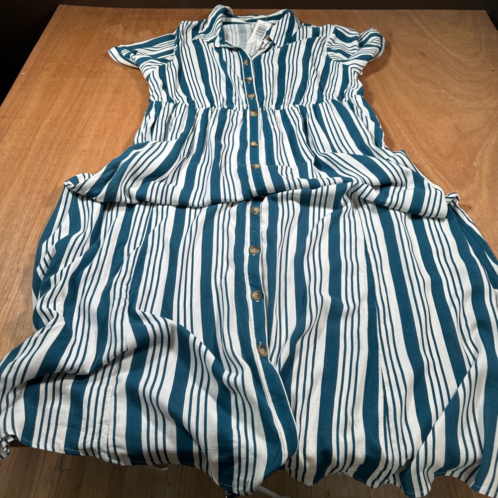 Torrid Maxi Dress Women 2X Dark Teal Stripe Rayon Slub Button Front A-Line NWT